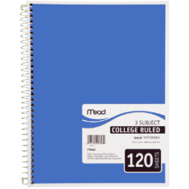 Mead Three Subject Notebook 120 Sheets